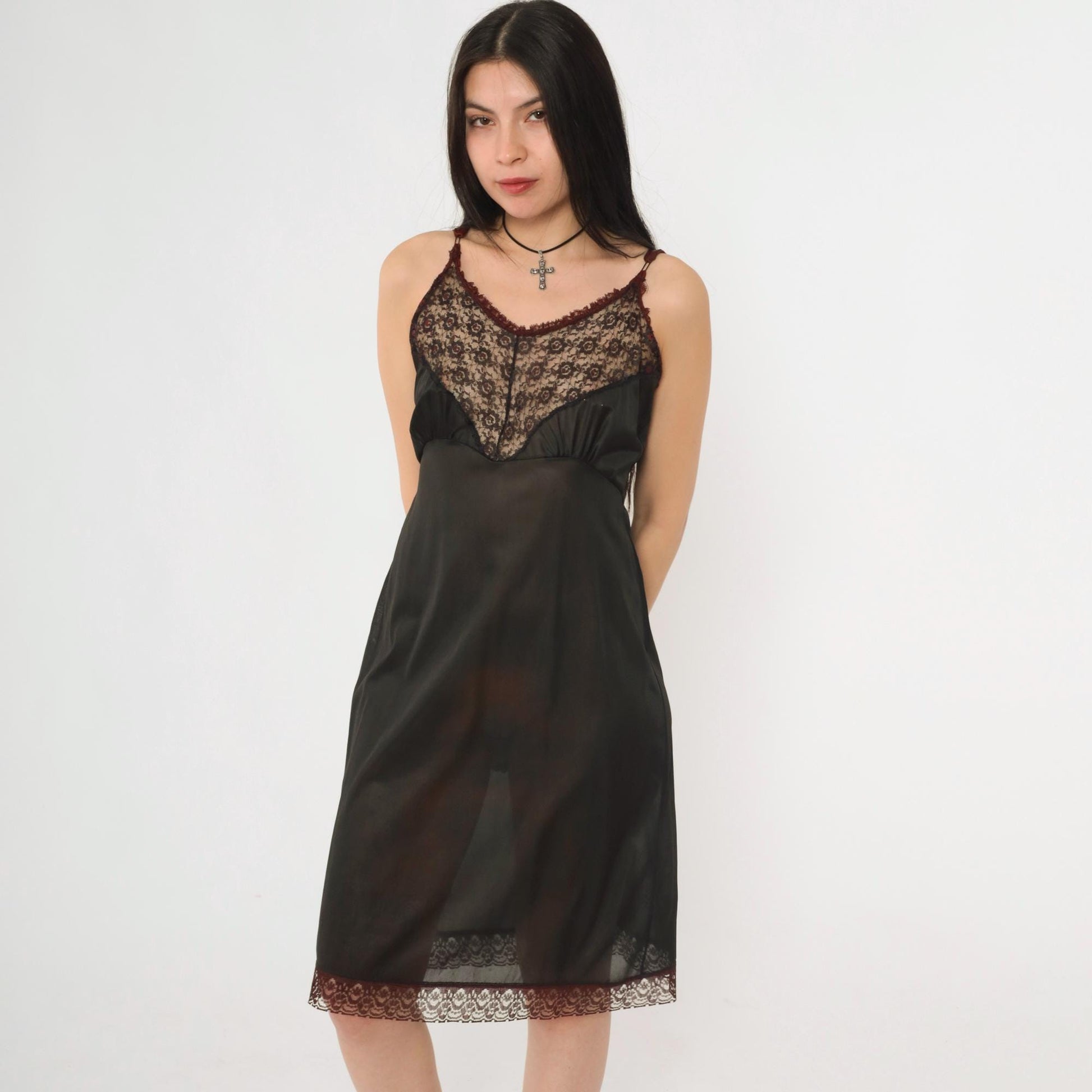 1960s Black Lace Slip Dress Empire Waist Spaghetti Strap Sheer Medium