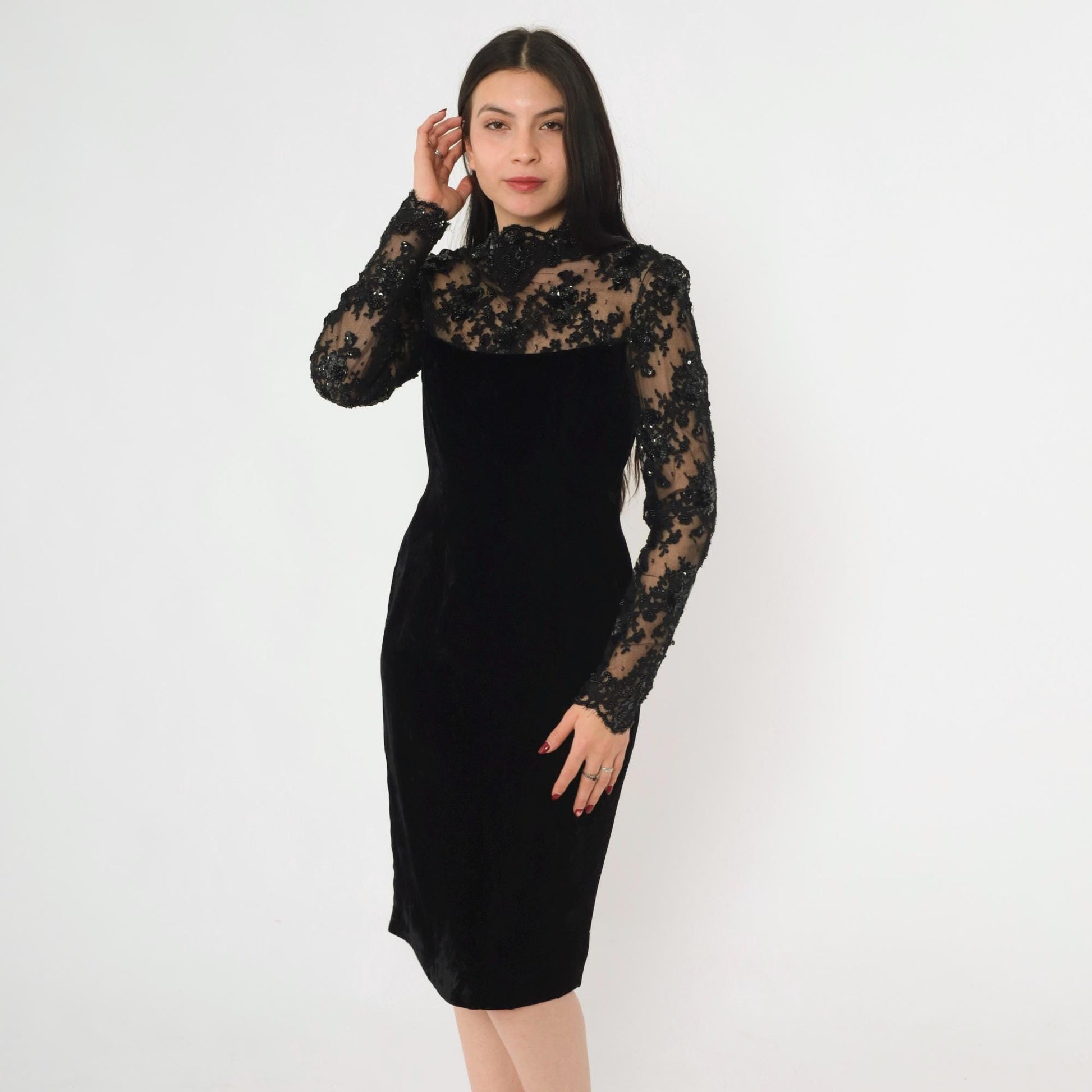80s Oscar de la Renta Black Velvet Cocktail Dress Illusion Neckline Small