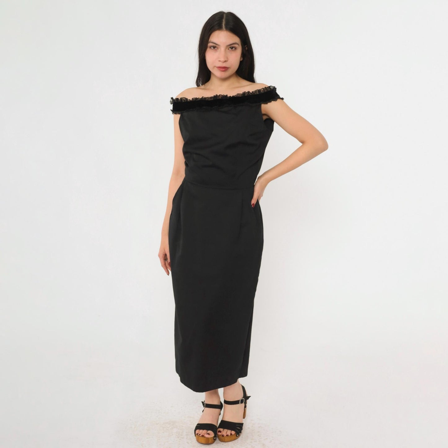 1960s Maggi Stover Black Cocktail Dress Off-Shoulder Velvet Lace Midi Small 4