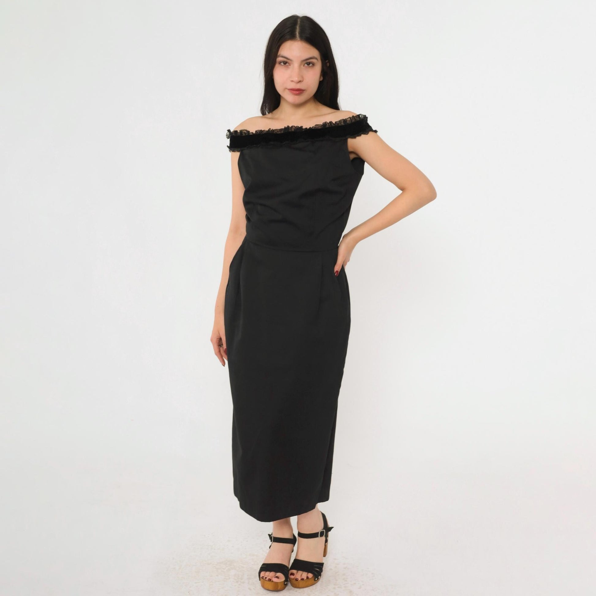 1960s Maggi Stover Black Cocktail Dress Off-Shoulder Velvet Lace Midi Small 4