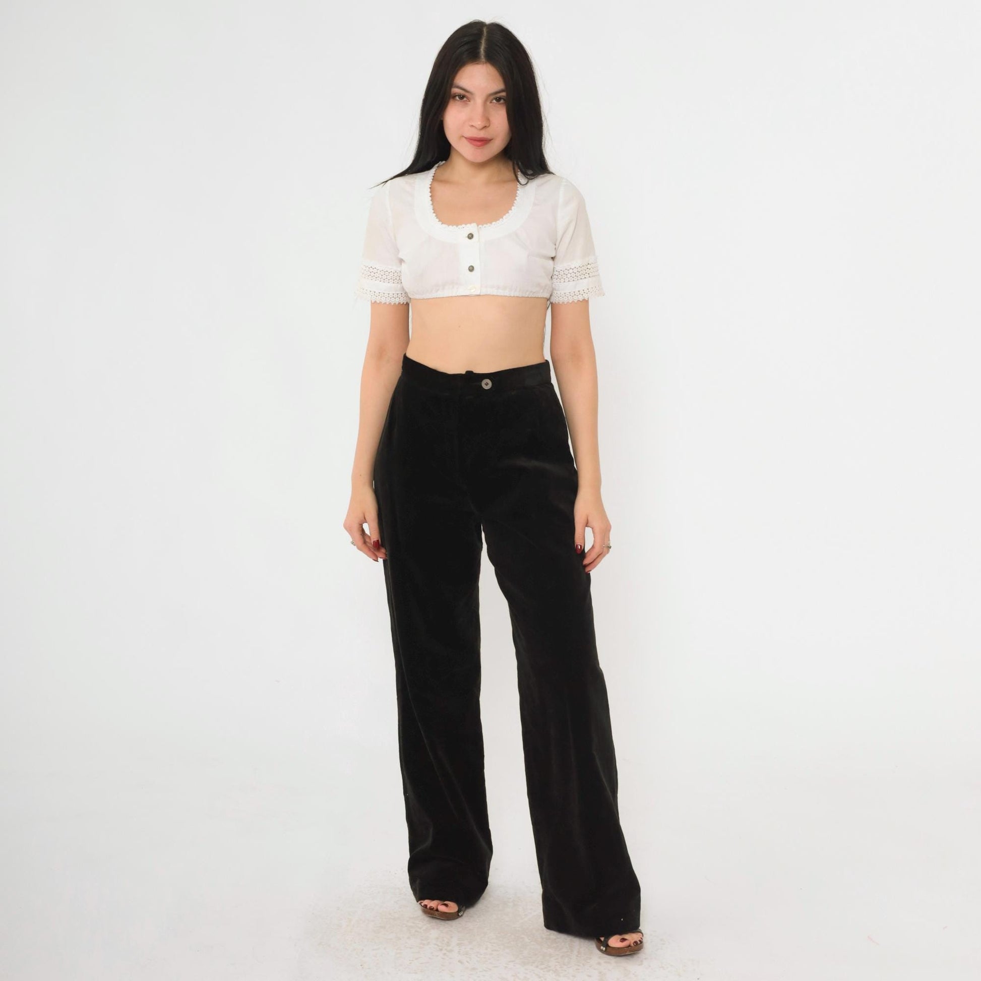80s Evan Picone Black Velvet High-Waist Wide-Leg Trousers Small