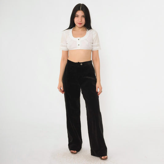 80s Evan Picone Black Velvet High-Waist Wide-Leg Trousers Small