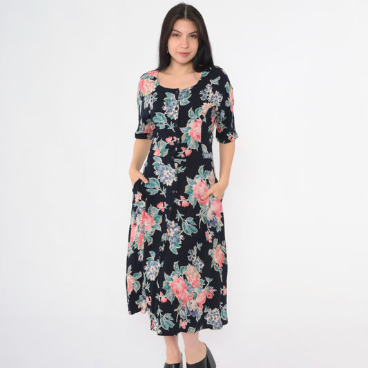 90s Black Floral Midi Dress Button-Up Scoop Neck Short Sleeve Small S