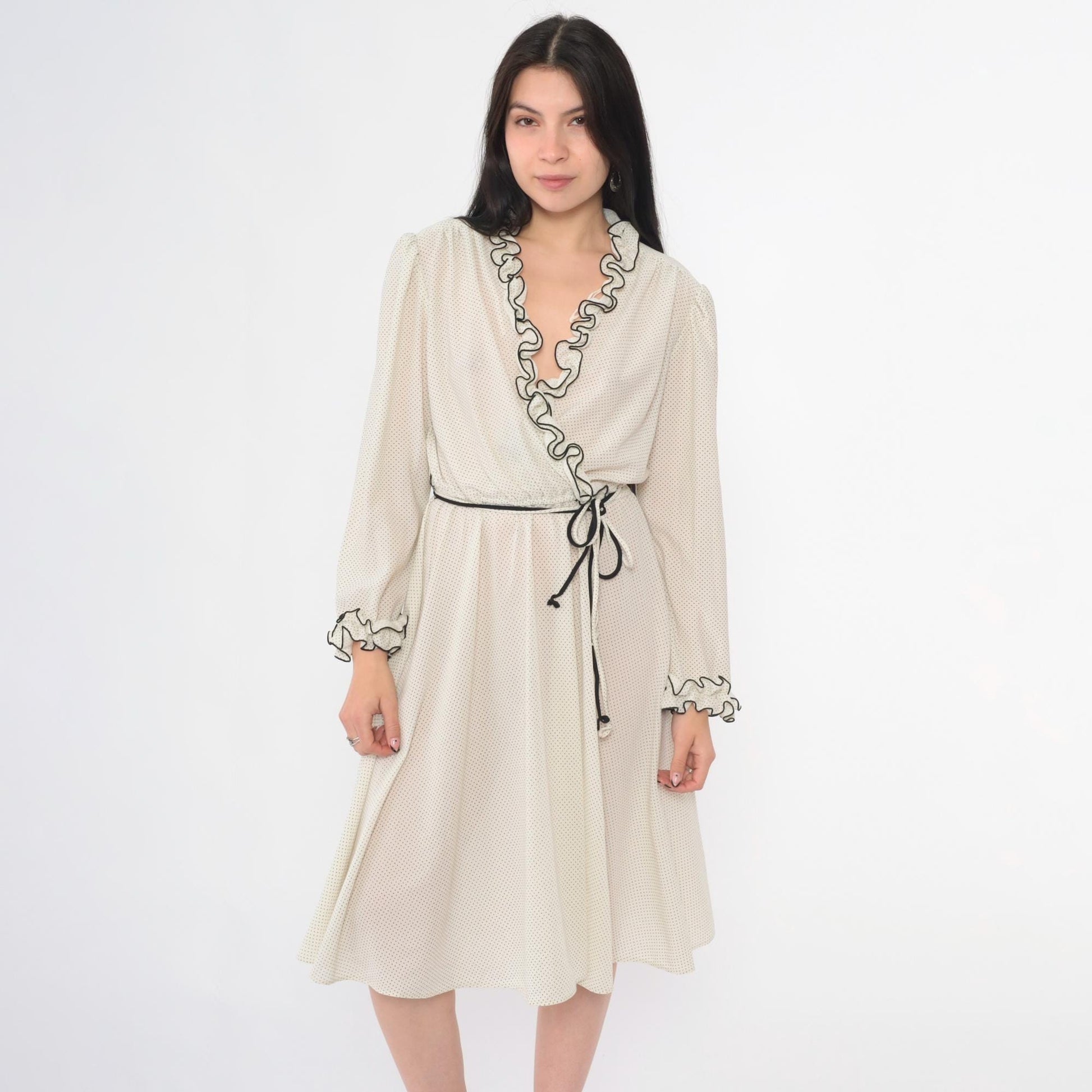 70s White Polka Dot Midi Wrap Dress Puff Sleeve V Neck High Waist Medium M