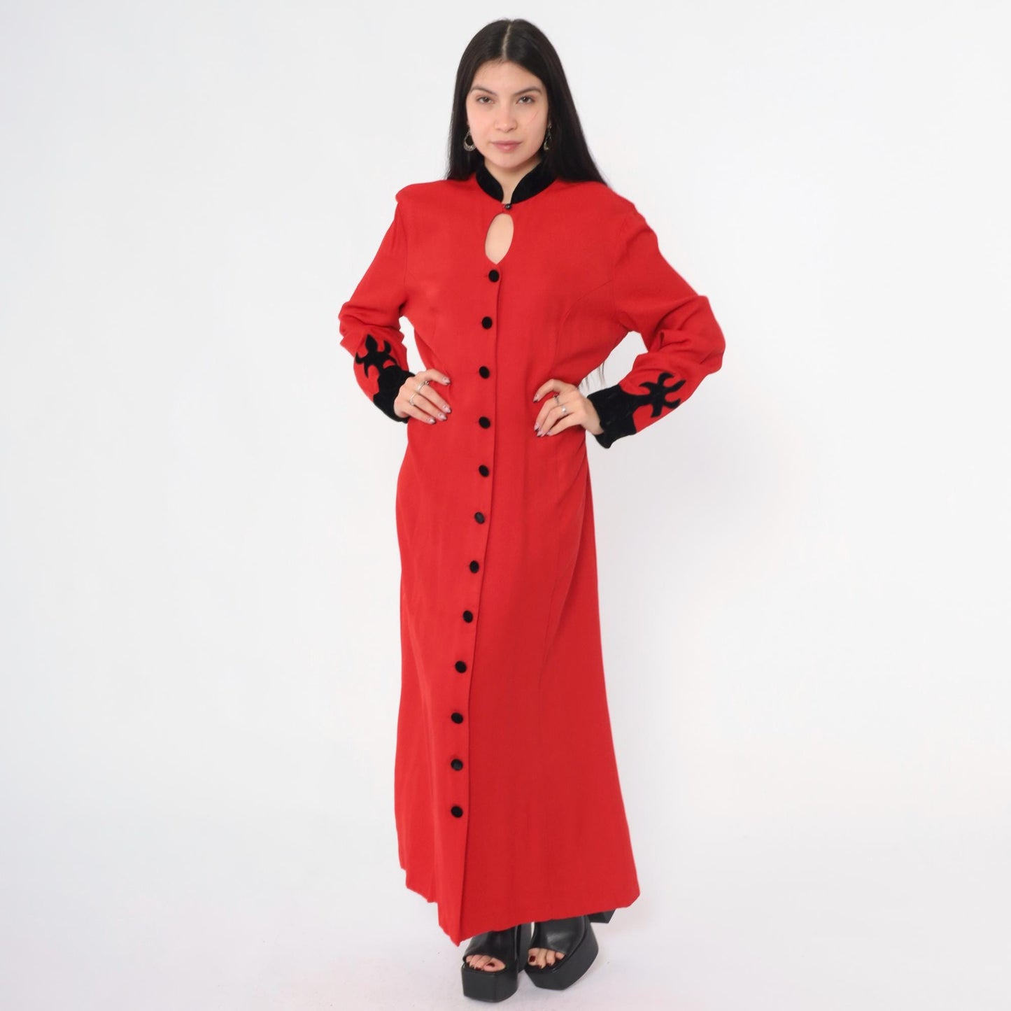 90s Panache Red Velvet Maxi Dress Button-Up Keyhole Mandarin Collar Large