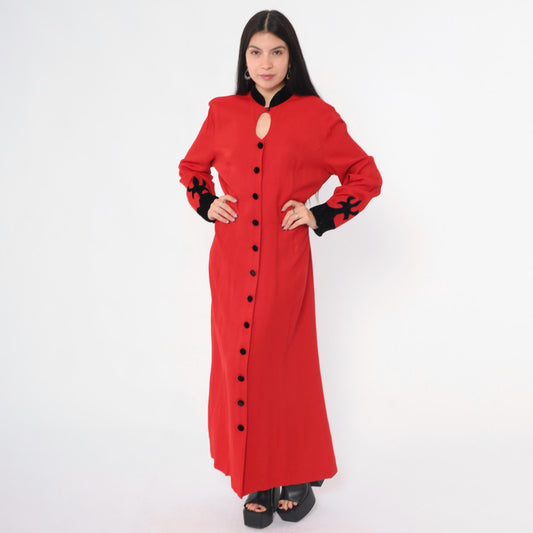 90s Panache Red Velvet Maxi Dress Button-Up Keyhole Mandarin Collar Large