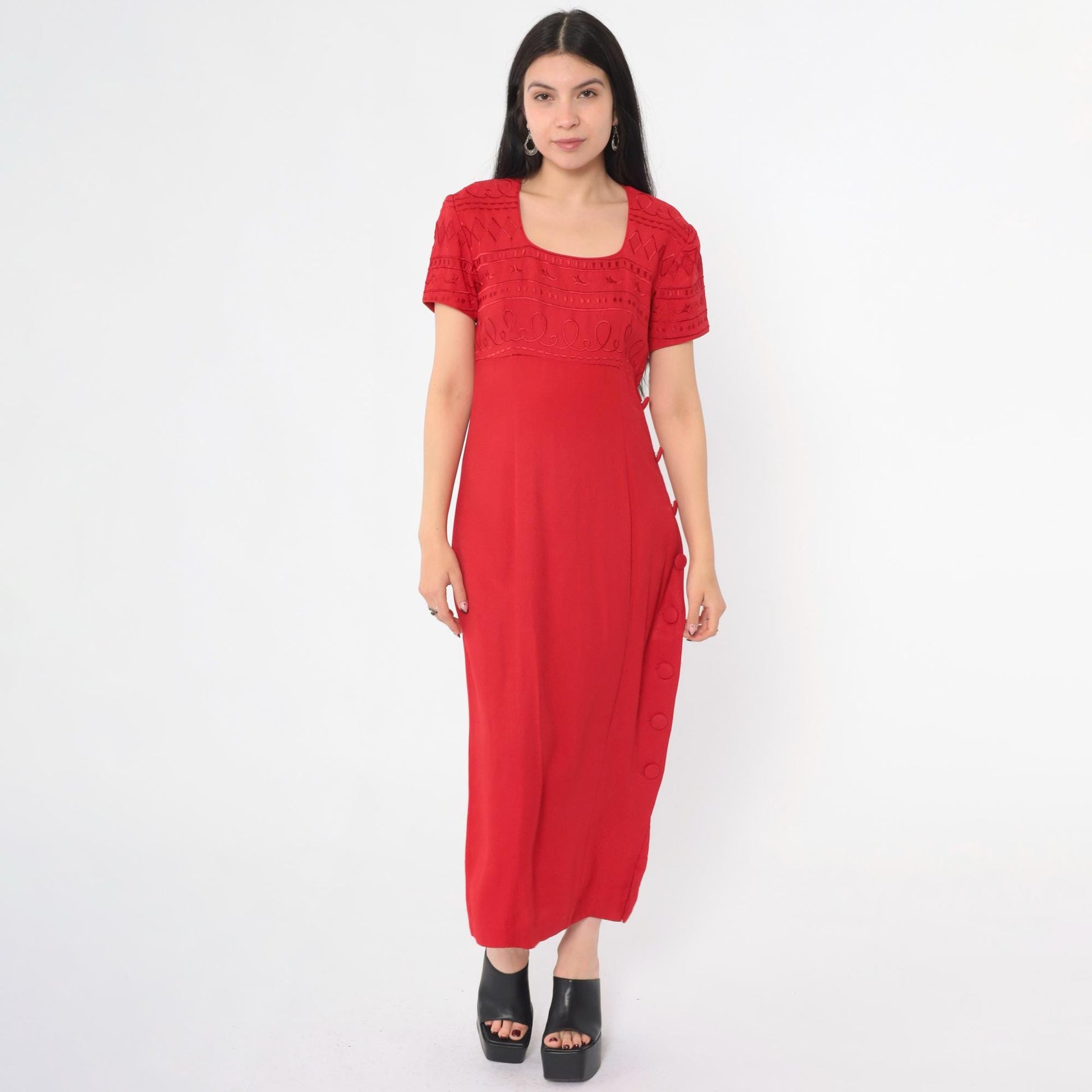 90s Jessica Howard Red Geometric Embroidered Midi Dress Empire Waist Small