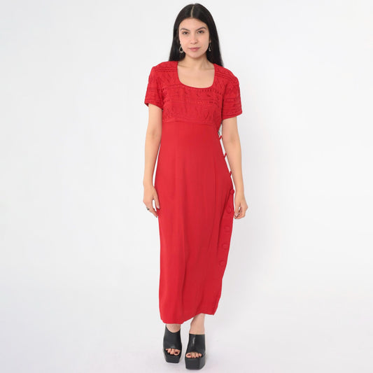 90s Jessica Howard Red Geometric Embroidered Midi Dress Empire Waist Small