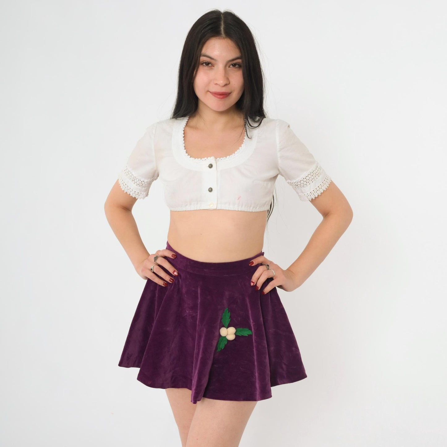 60s Purple Velvet Circle Mini Skirt Appliqué Berries Leaves 2XS