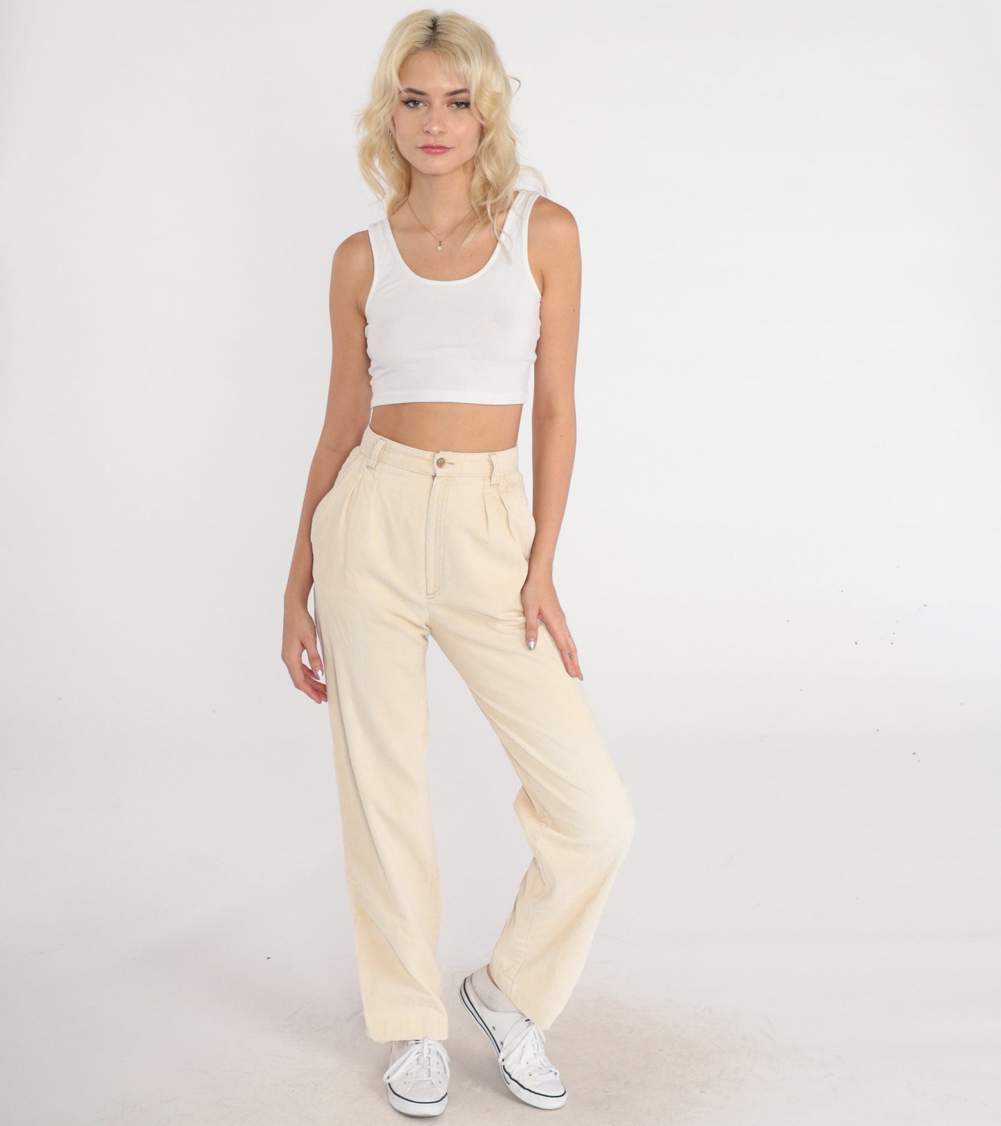 80s Present Co. Pleated Corduroy High-Waist Trousers Cream Straight Leg Extra Small