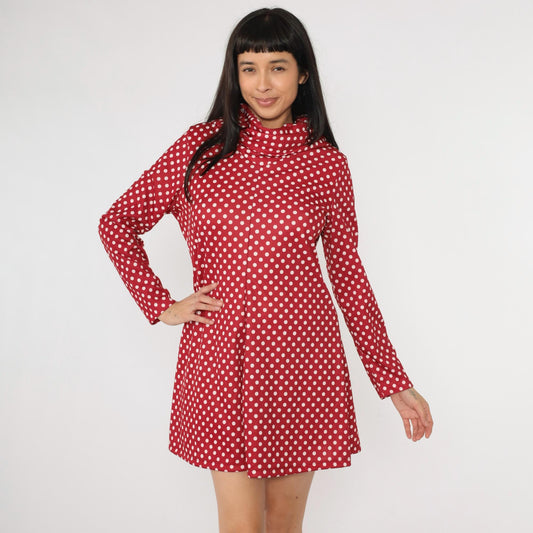 70s Red Polka Dot Mock Neck Mini Dress Long Sleeve A-Line Shift Medium Large