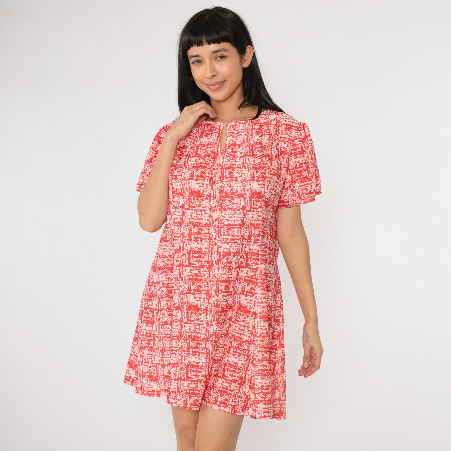 70s Abstract Red Mini Dress Puff Sleeve A-Line Shift Extra Large