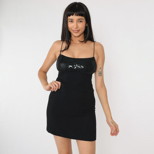 90s Ellen Tracy Black Sequin Mini Dress Spaghetti Strap Empire Waist Extra Small
