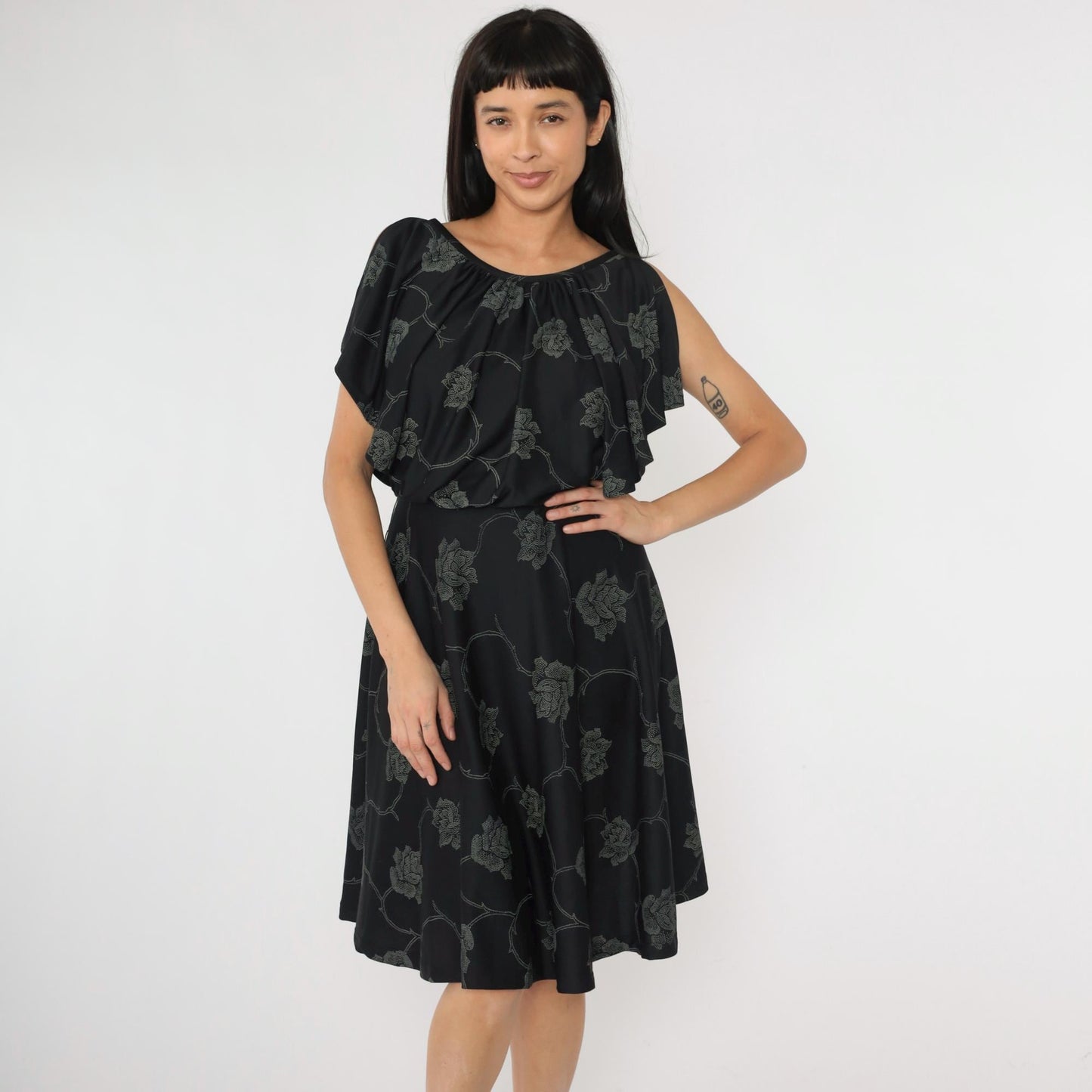 70s Black Floral Midi Dress High Waist Flutter Sleeve Small