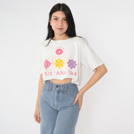90s Hui Ana 1994 Hawaii Cropped T-Shirt White Graphic Tee Large L