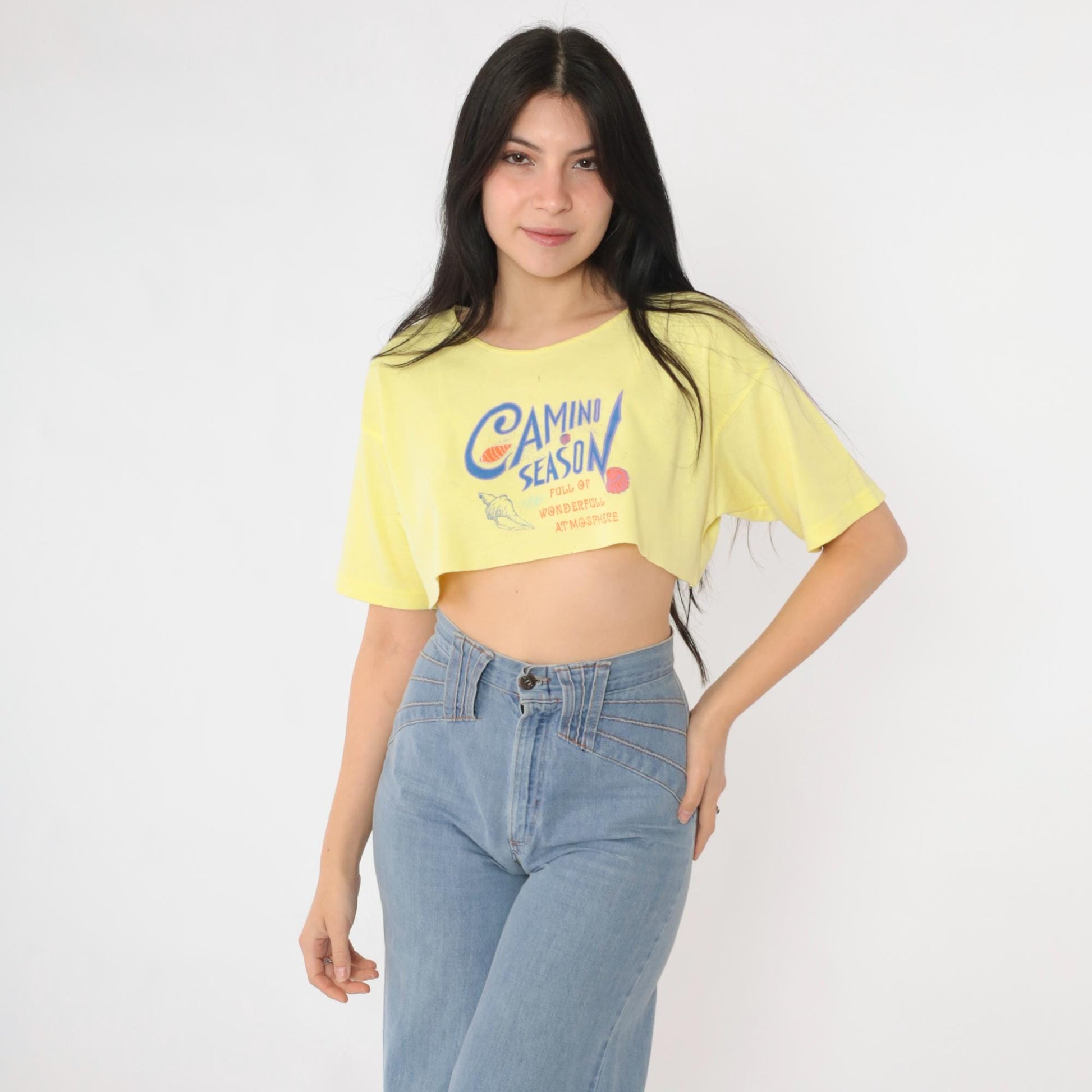 90s Camino de Santiago Yellow Crop Tee Scallop Shell Graphic Small