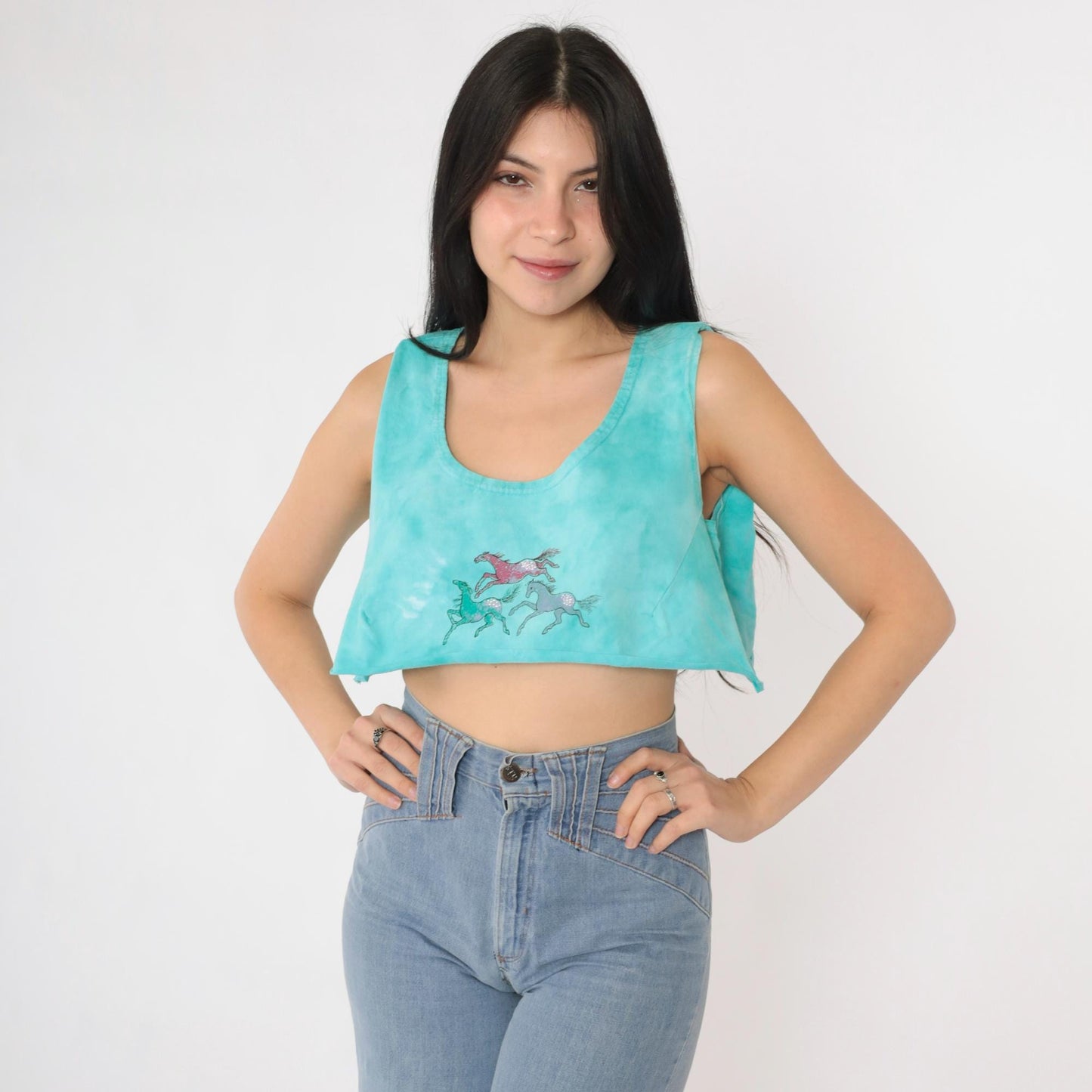 90s Horse Tie Dye Crop Tank Top Turquoise Scoop Neck Small Medium