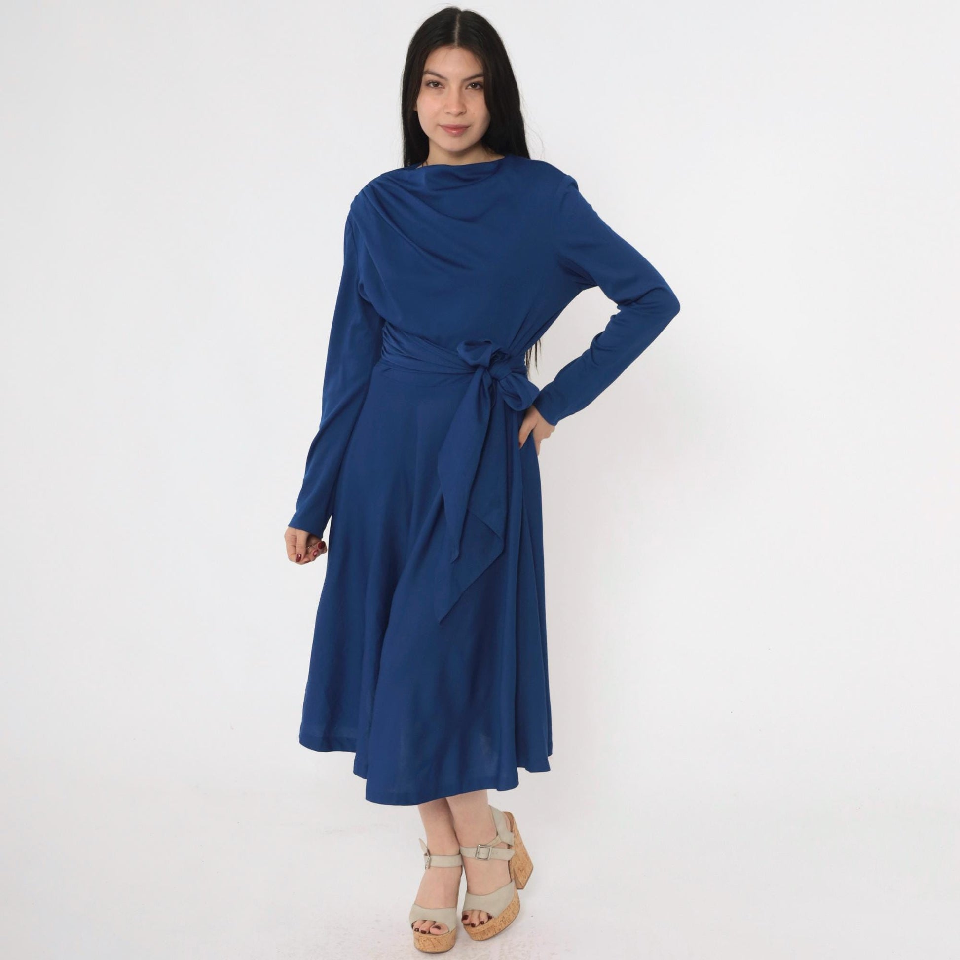 70s Royal Blue Dress Draped Boat Neck Tie Waist Midi A-Line Long Sleeve Large