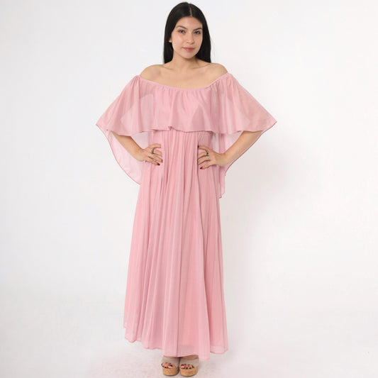 70s Pink Grecian Maxi Dress Capelet Flutter Sleeve High Waist Extra Small