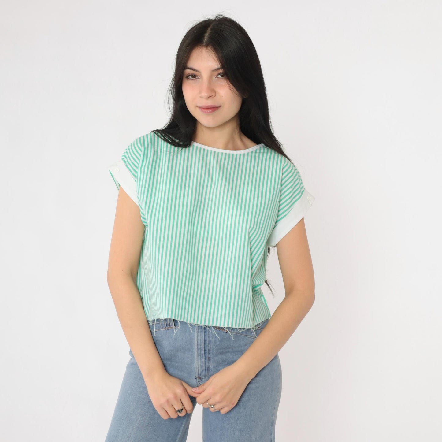 80s White Green Striped Crop Top Cap Sleeve Raw Hem Medium