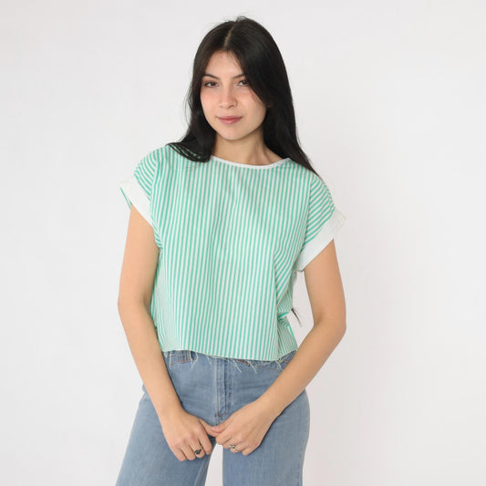 80s White Green Striped Crop Top Cap Sleeve Raw Hem Medium