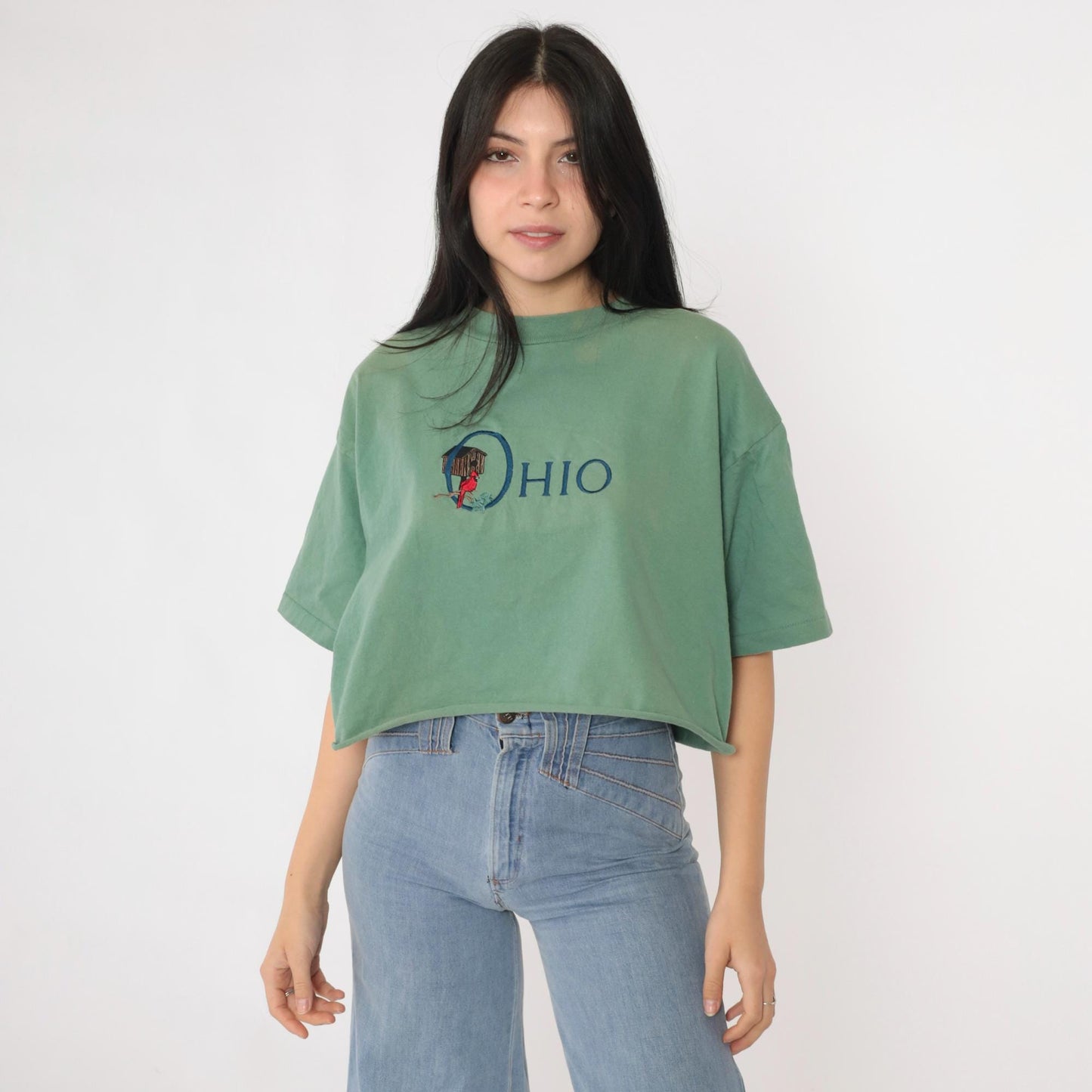 90s Ohio Cardinal Graphic T-Shirt Faded Green Crop Top Medium