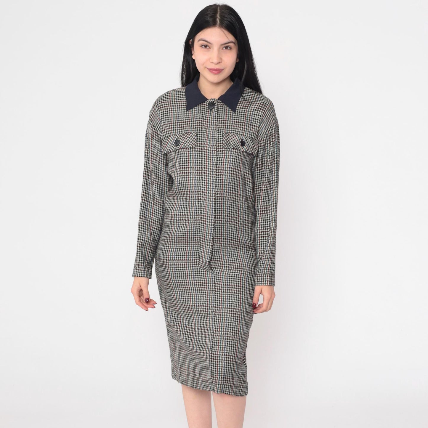 90s Houndstooth Midi Shirtdress Black White Checkered Button-Up Large