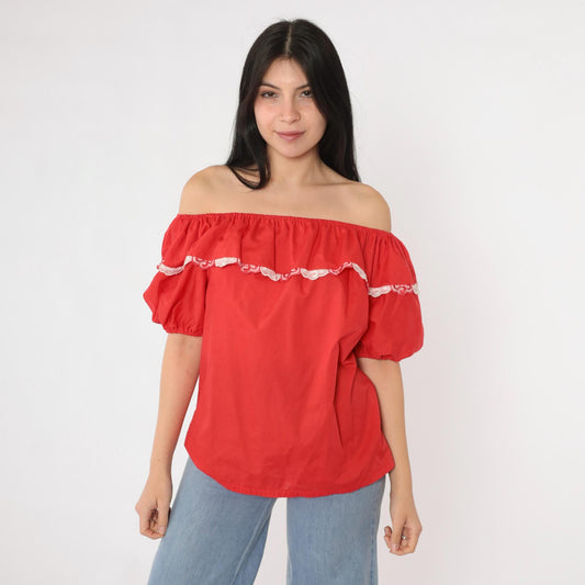 80s Red Peasant Blouse Puff Sleeve Elastic Neckline Small S