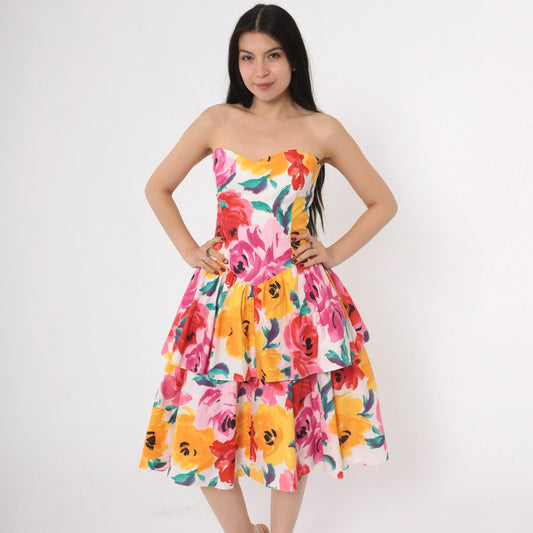 80s Robbie Bee Strapless Floral Midi Dress Sweetheart Neckline Smocked Pink Yellow Small Medium