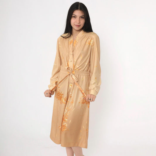 70s Tan Floral Midi Dress Button-Up Smocked Waist Tie Belt Long Sleeve Medium