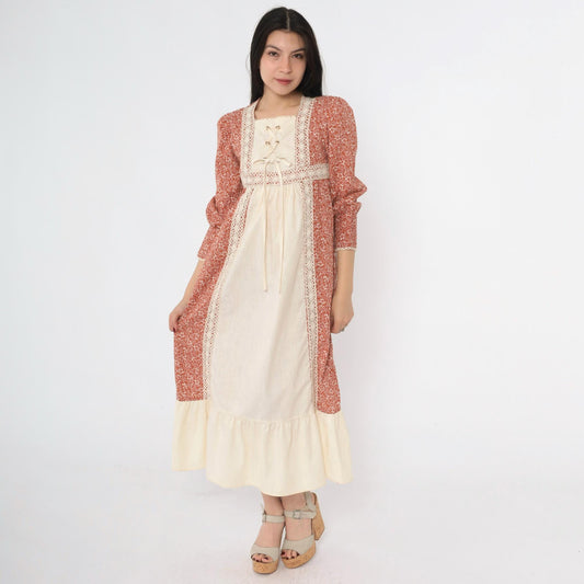 70s Prairie Dress Burnt Orange Calico Floral Midi Puff Sleeve Lace-Up Small