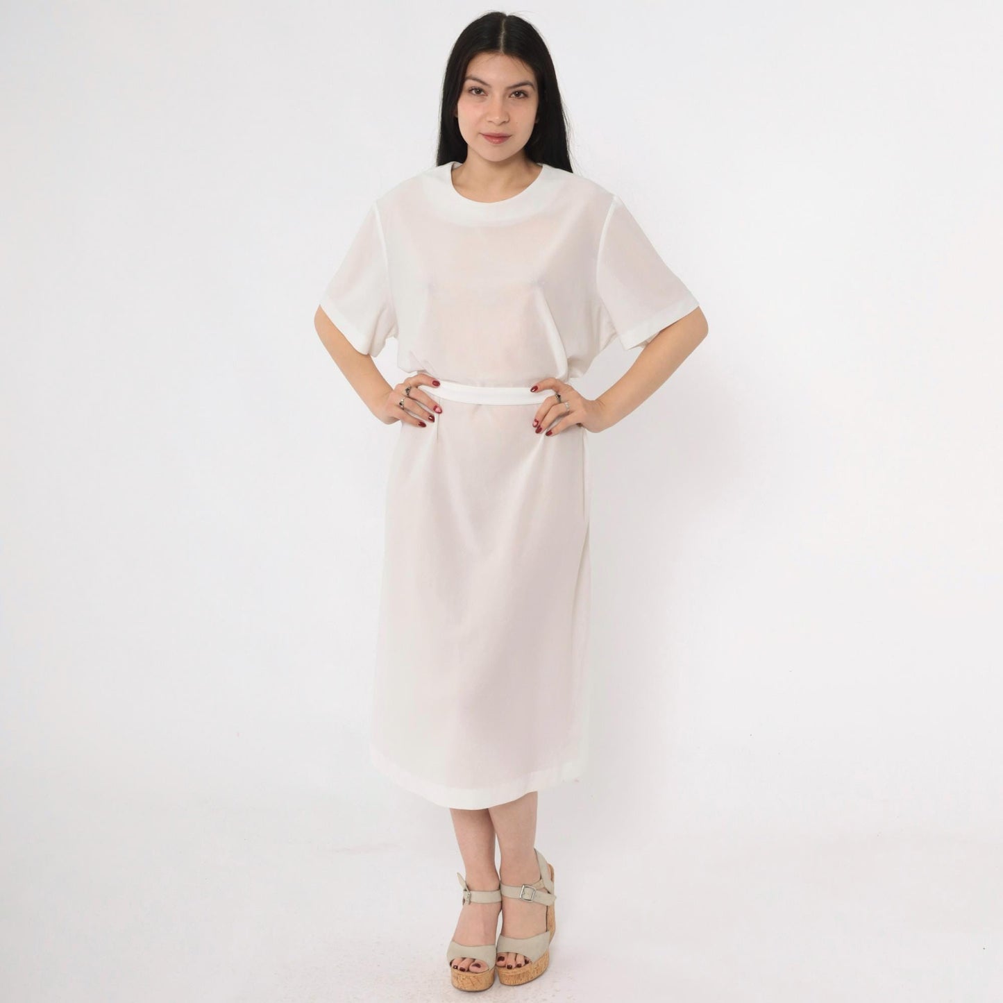 70s Sheer White Shift Dress Tie Belt Short Sleeve Mini Plus Size XXL