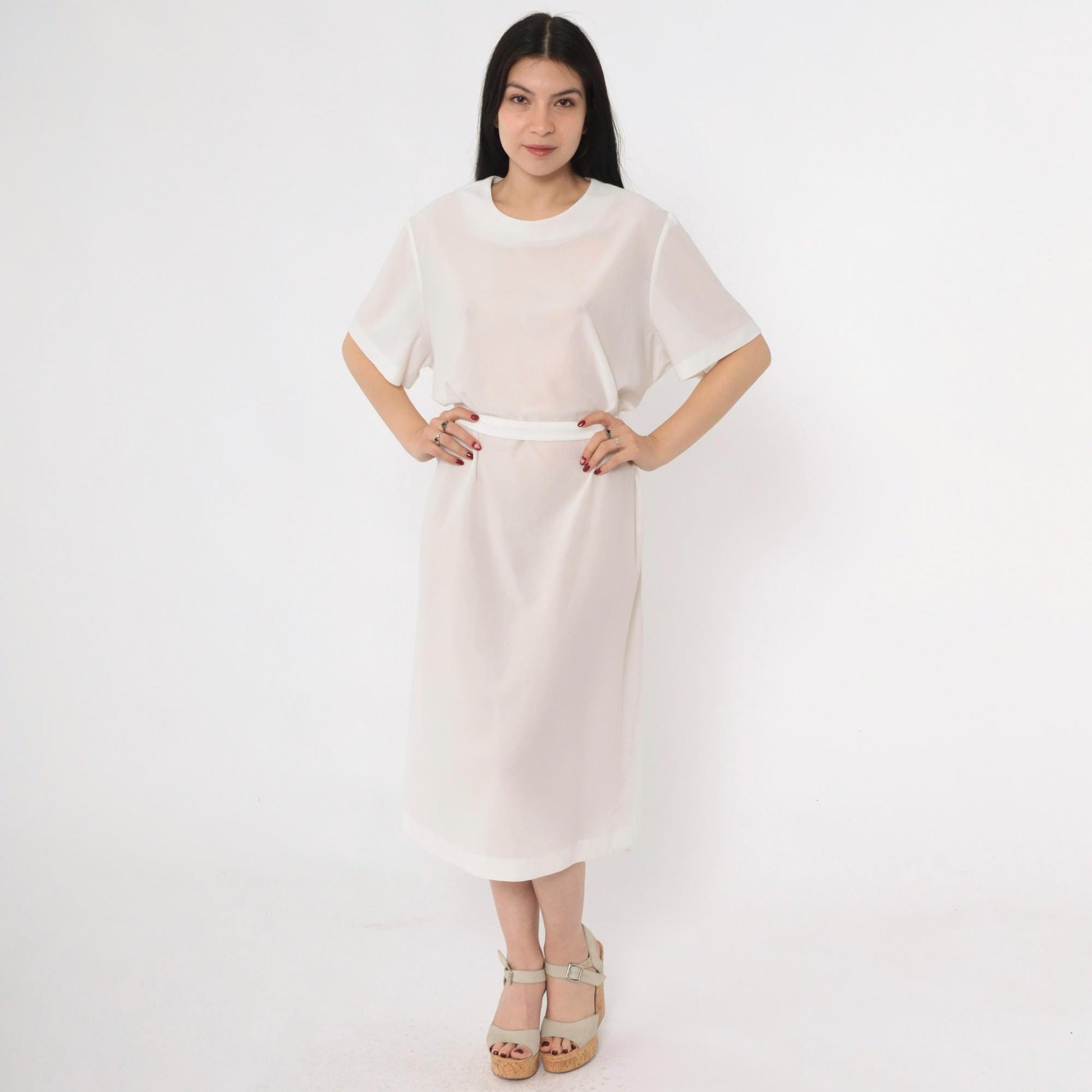 70s Sheer White Shift Dress Tie Belt Short Sleeve Mini Plus Size XXL