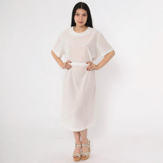 70s Sheer White Shift Dress Tie Belt Short Sleeve Mini Plus Size XXL