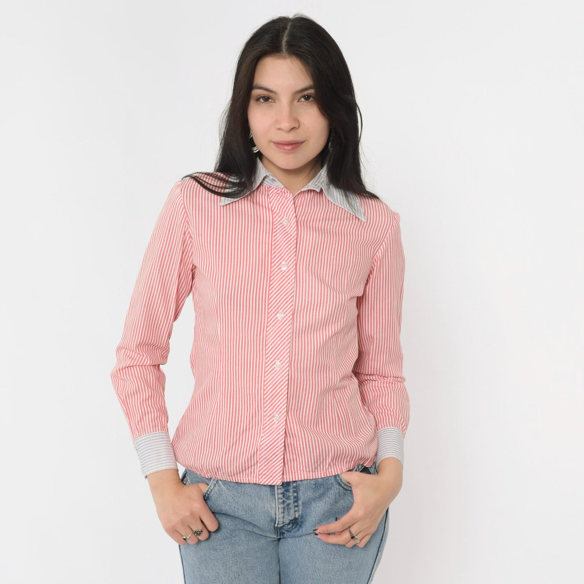 70s Red White Striped Button Up Blouse Dagger Collar Long Sleeve Extra Small