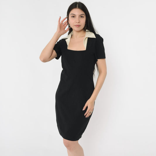 90s Mariella Burani Black Mini Dress Wool Blend Square Neck Medium M