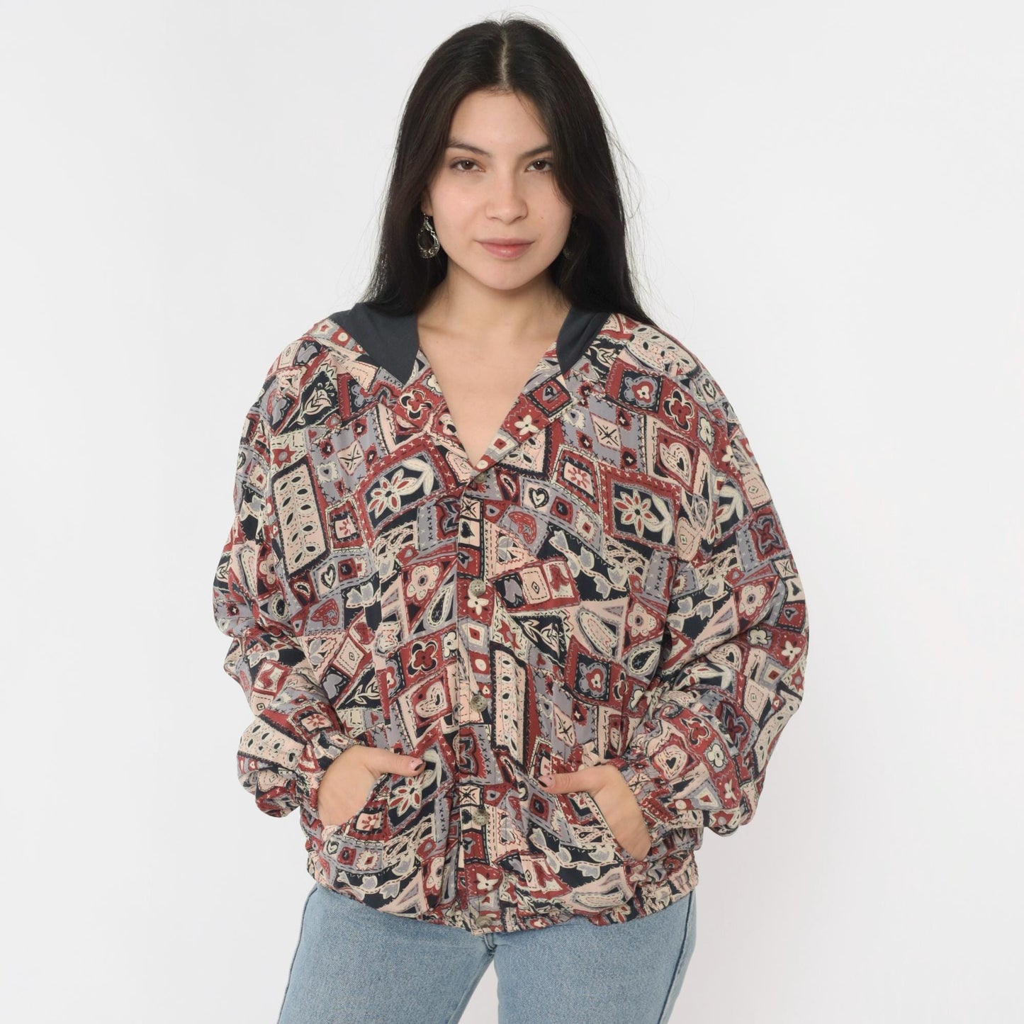 90s Patchwork Hooded Windbreaker Jacket Hearts Floral Rust Red Large L