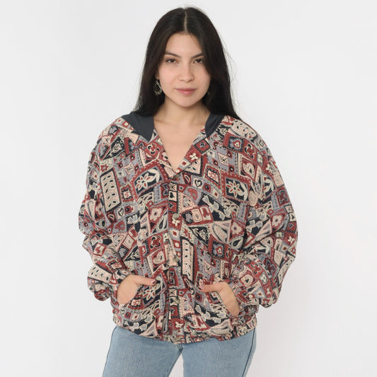 90s Patchwork Hooded Windbreaker Jacket Hearts Floral Rust Red Large L