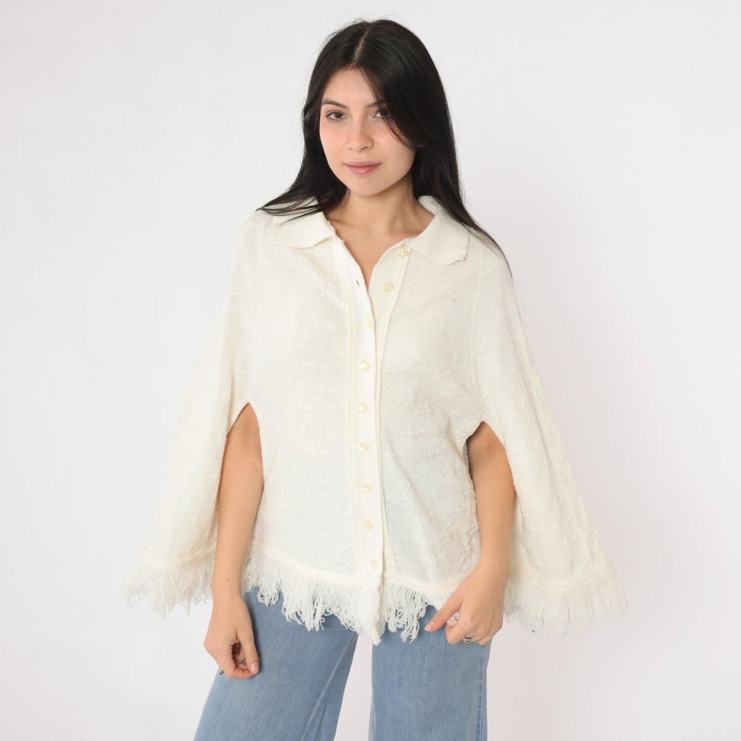 70s White Knit Poncho Button-Up Cape Fringe Trim One Size