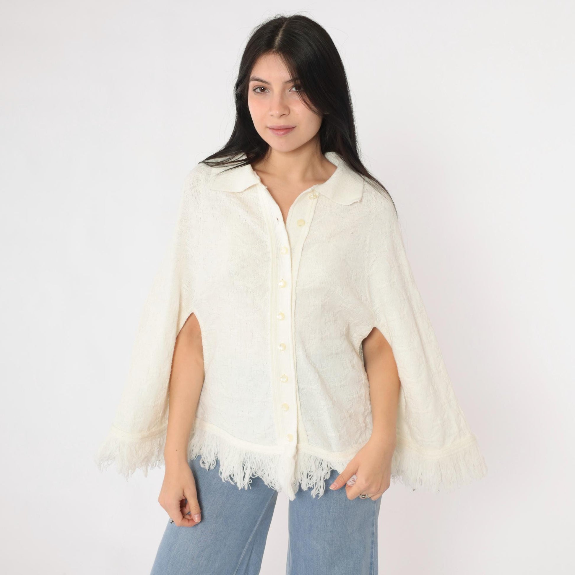 70s White Knit Poncho Button-Up Cape Fringe Trim One Size
