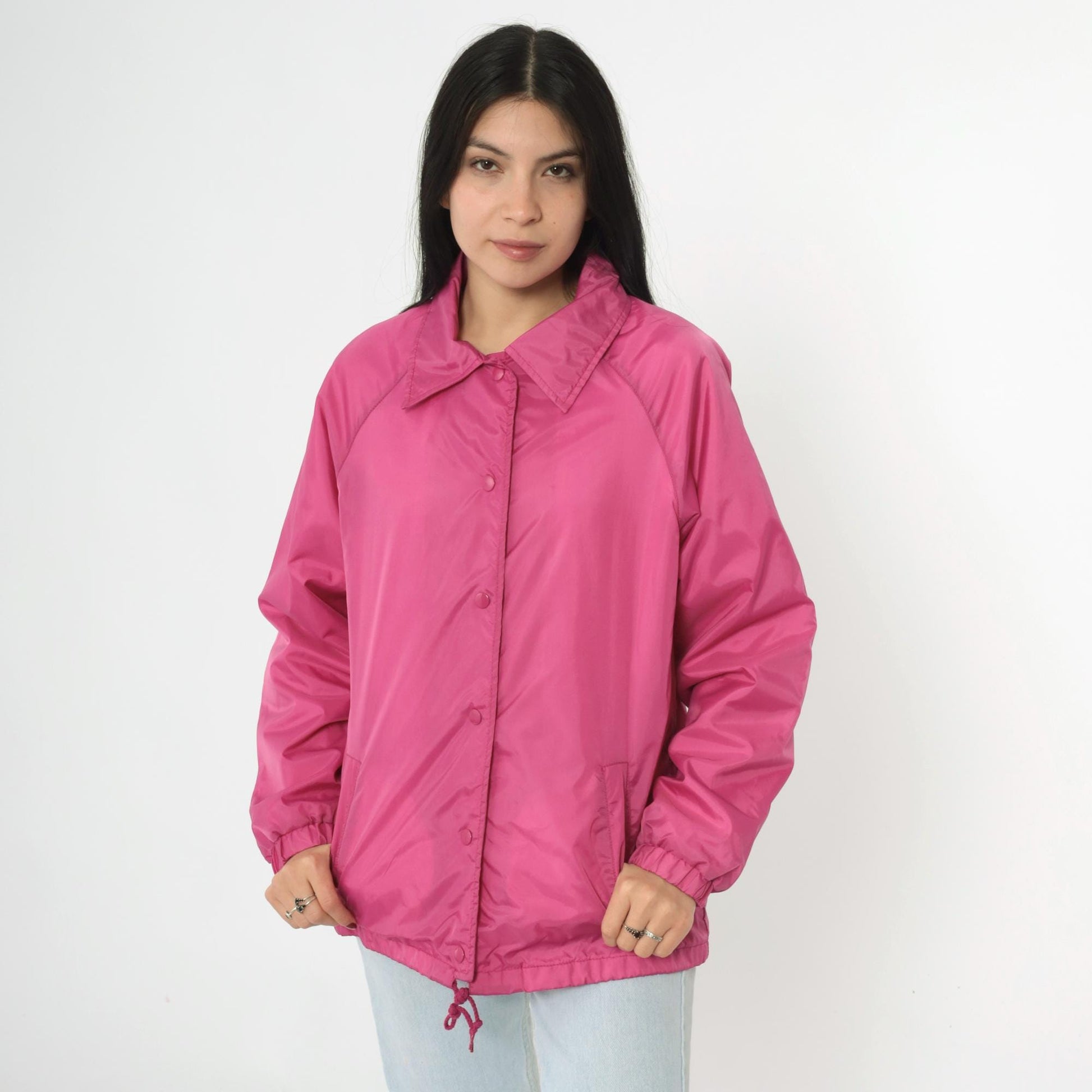 80s Pink Nylon Windbreaker Jacket Snap Front Raglan Drawstring Medium