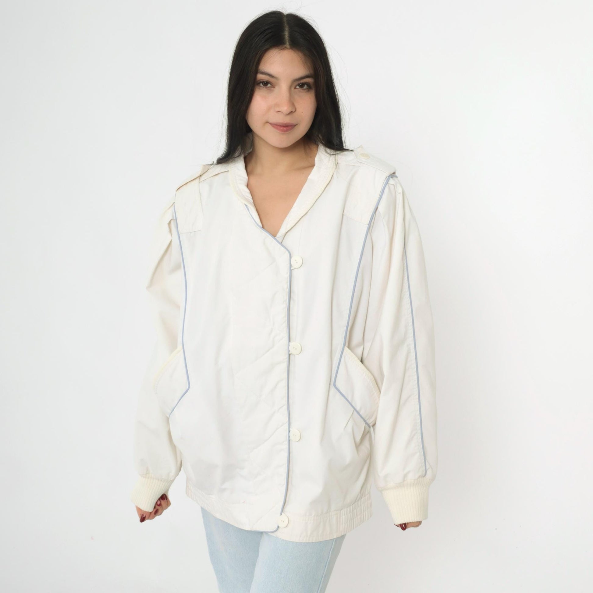 80s White Windbreaker Jacket Puff Sleeve Epaulet Bomber Medium