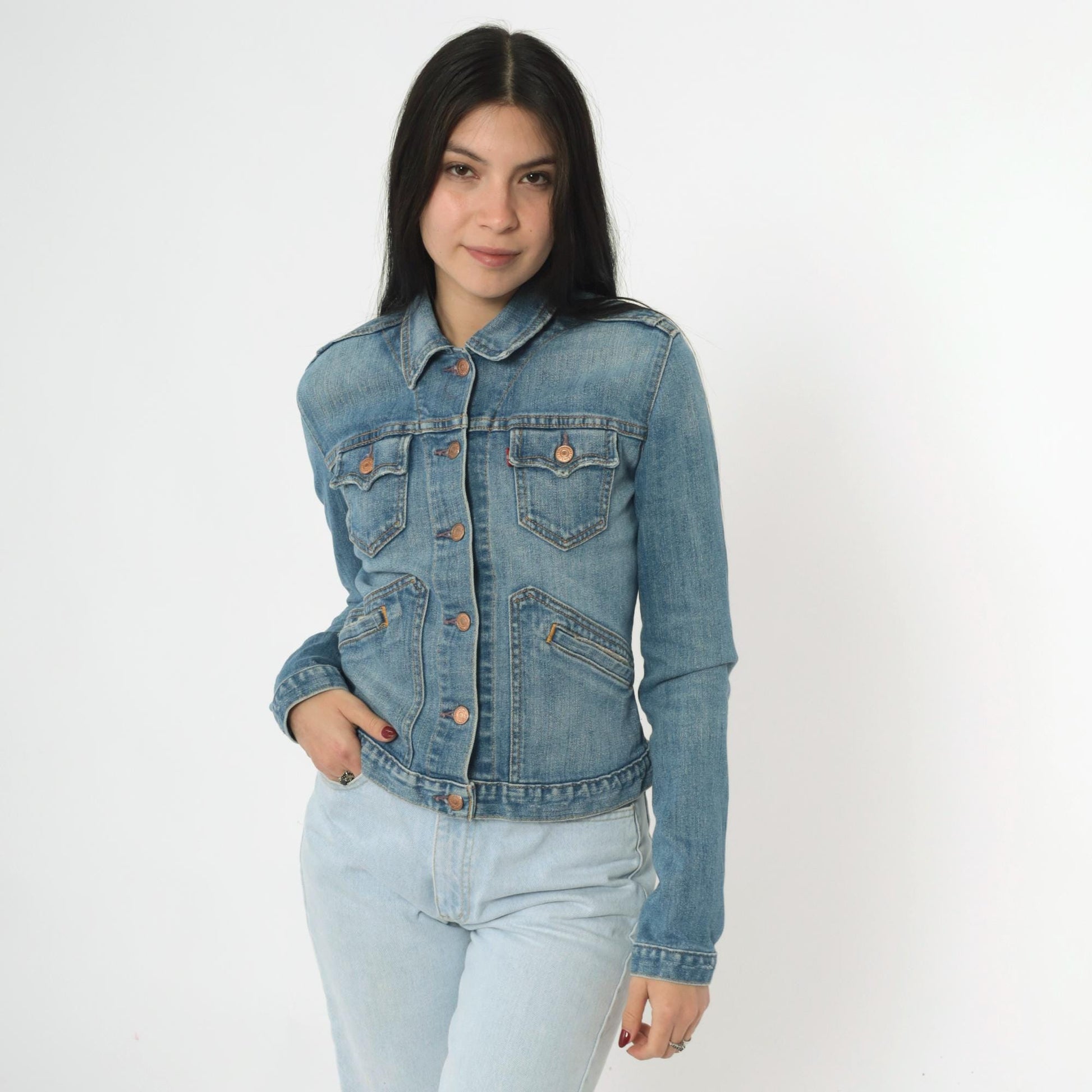 Y2K Levi's Denim Jacket Cropped Blue Jean Fitted Stretch Extra Small