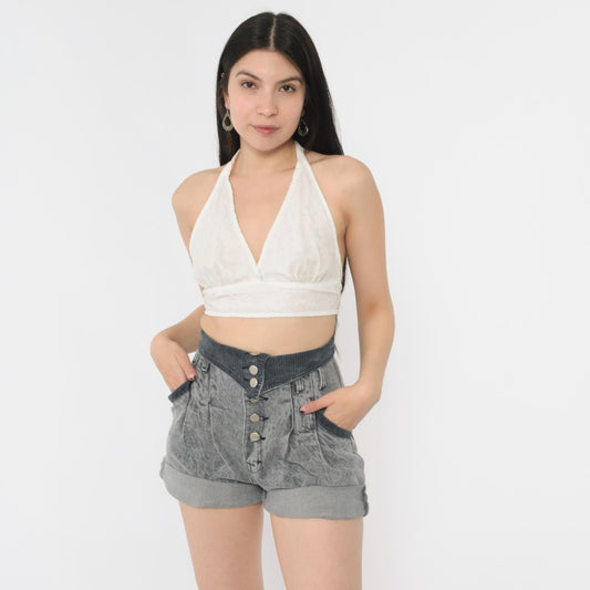 80s Grey Acid Wash Denim Shorts High Rise Pleated Button Fly Extra Small