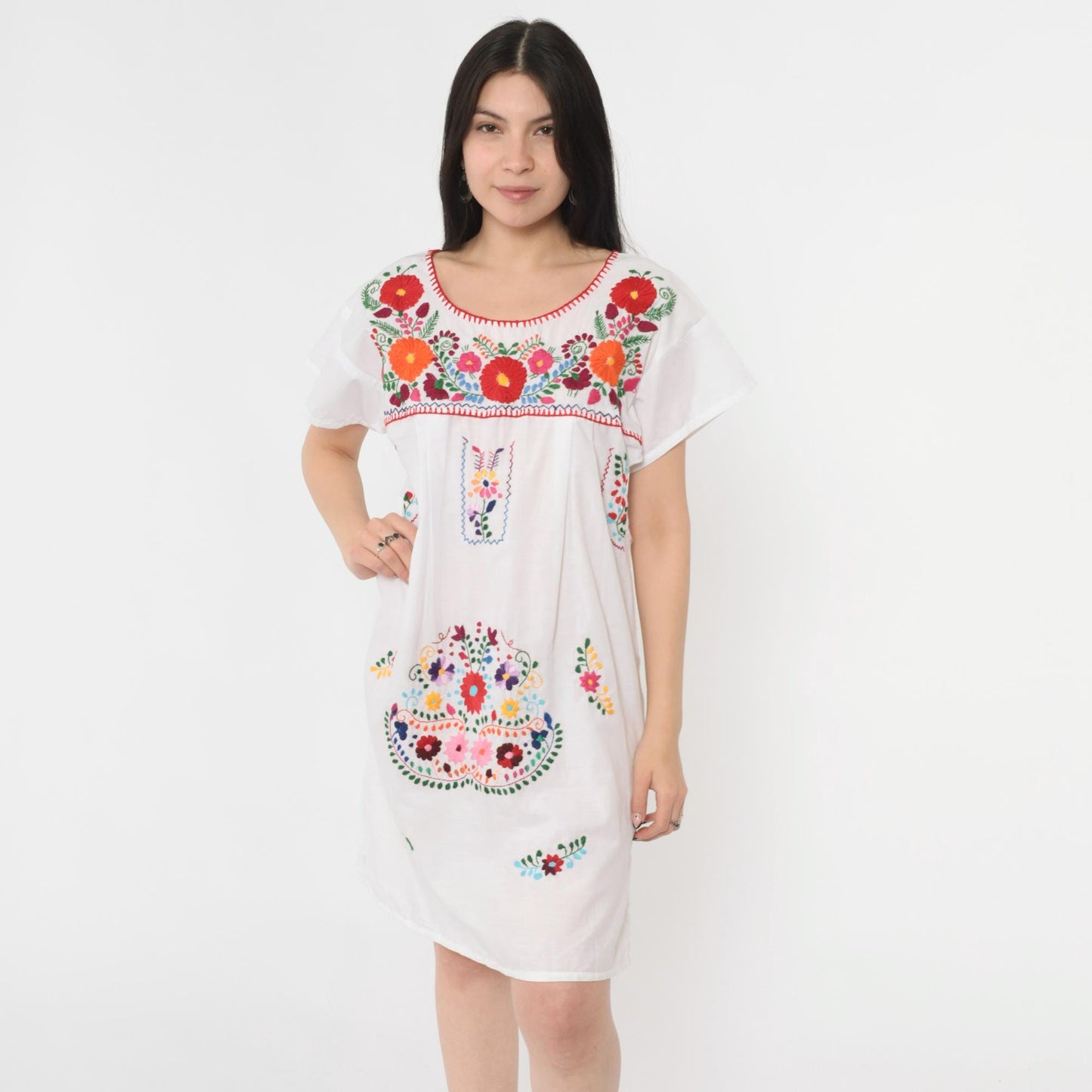 Y2K Mexican Floral Embroidered White Cotton Mini Dress Medium M