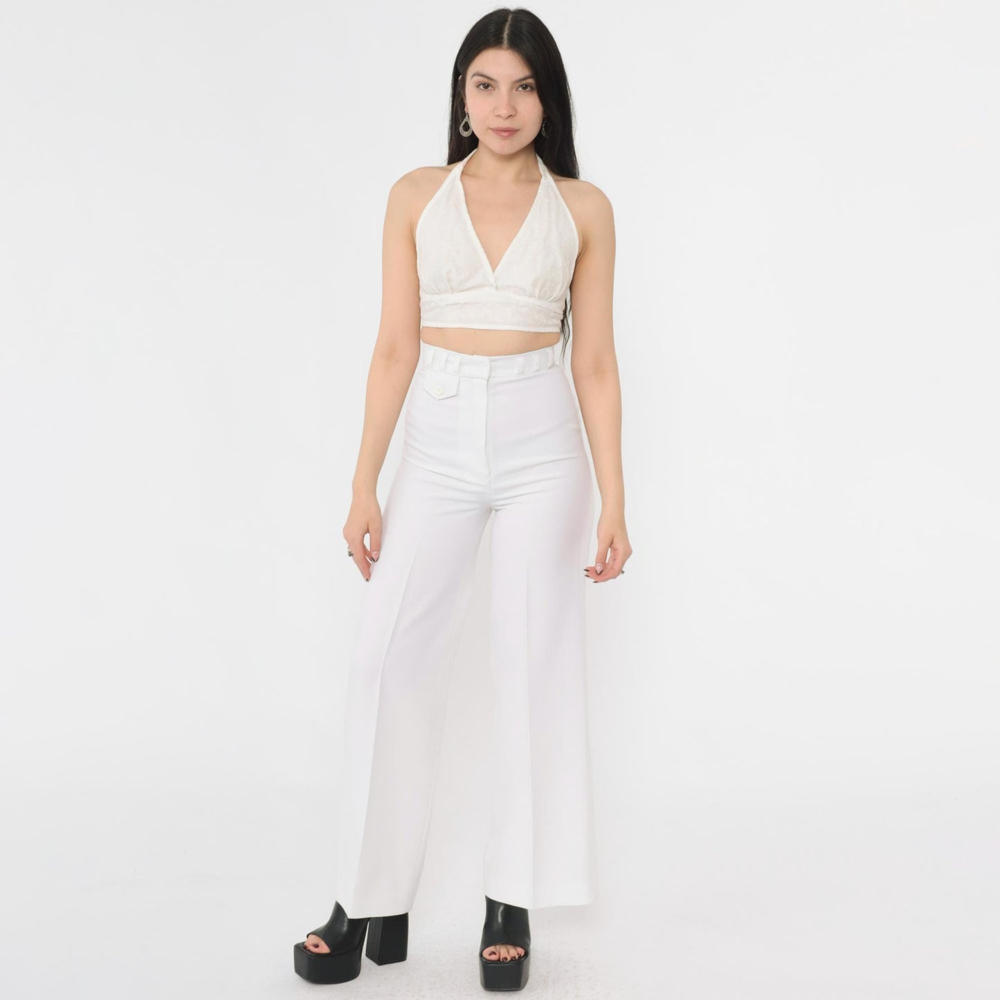 70s College Town White Bell Bottom Pants High Waist Crease Extra Small