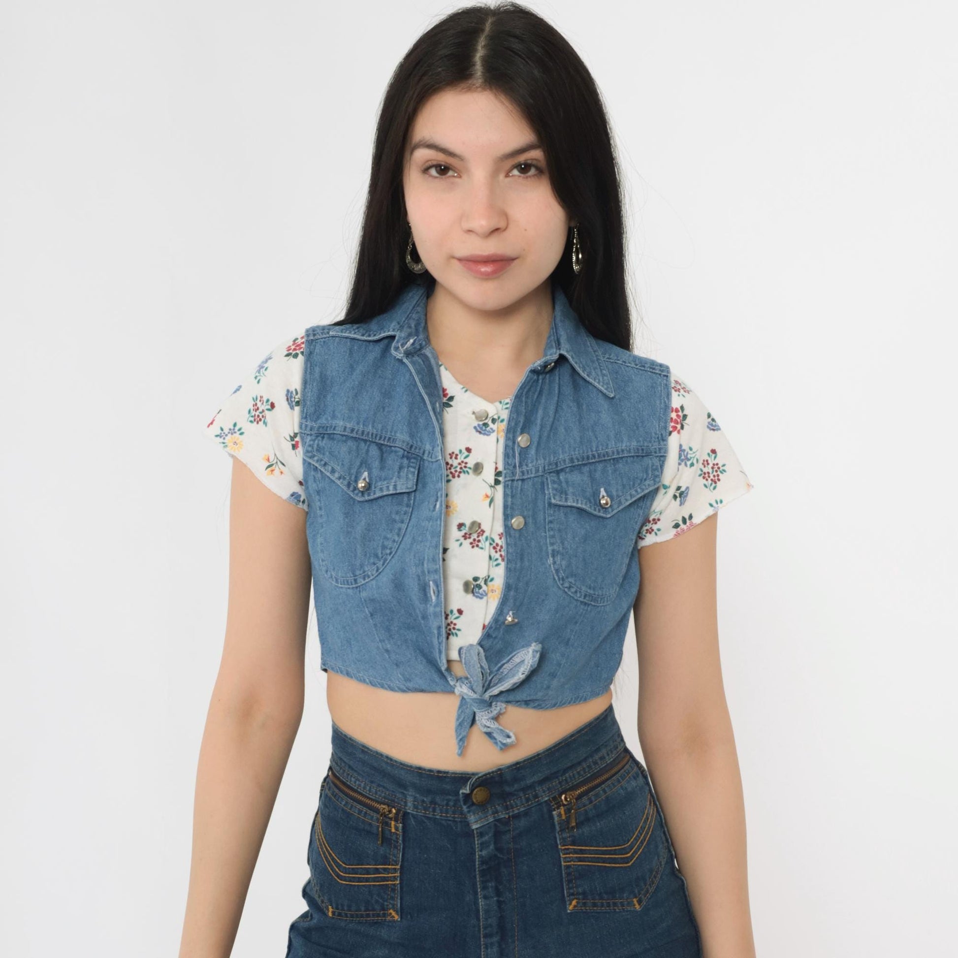 90s Floral Crop Top With Attached Denim Vest Button Up Blouse White XXS