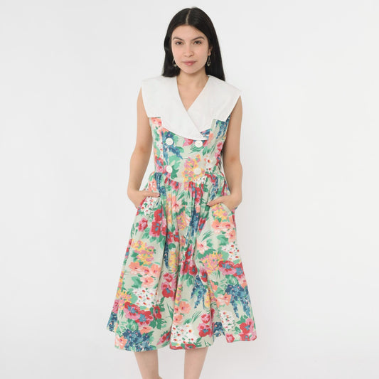 80s Floral Midi Dress Green White Collar Double Breasted Sleeveless Small