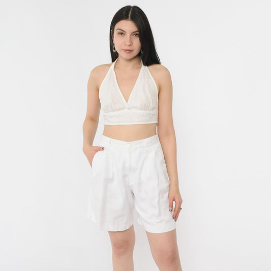 80s White Pleated High-Waist Shorts Cotton Fundamental Things Petites Small