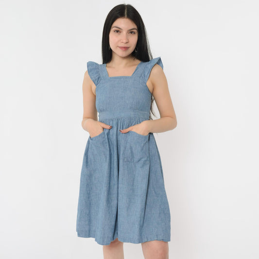 90s Chambray Mini Sundress Blue Square Neck Ruffle Sleeves Button Back 2XS